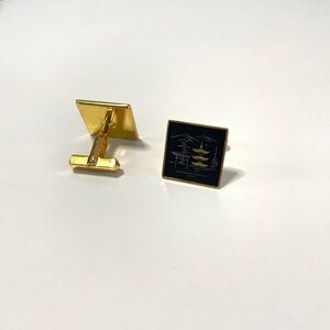 Amita Damascene Cufflinks Japanese Garden Scene Vintage